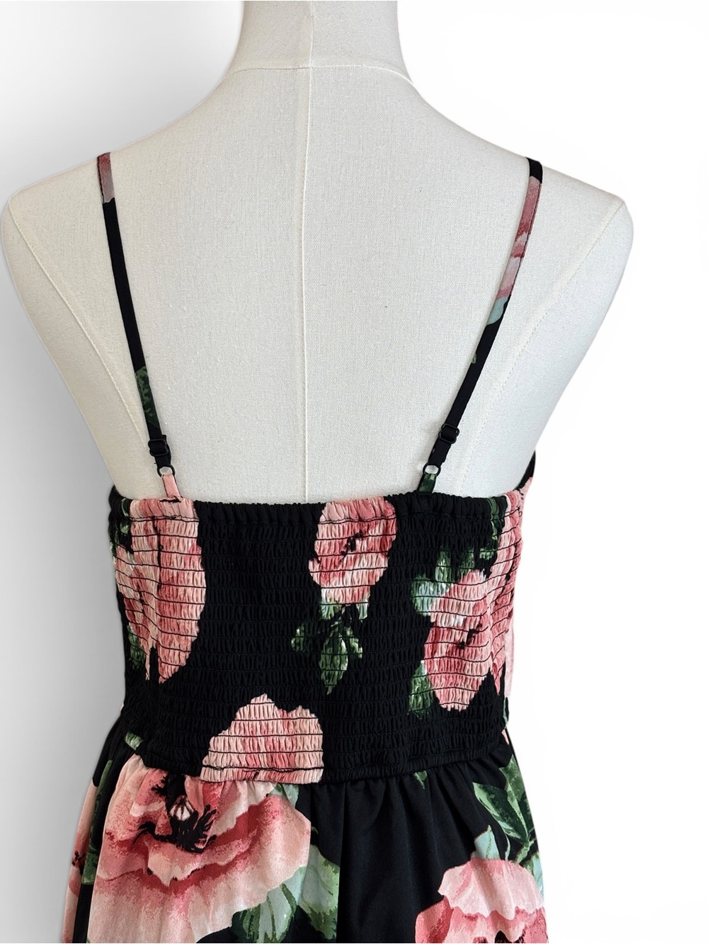 Band of Gypsies Floral Maxi Overlay Romper Women S Black Blush Smocked Boho - Picture 10 of 16